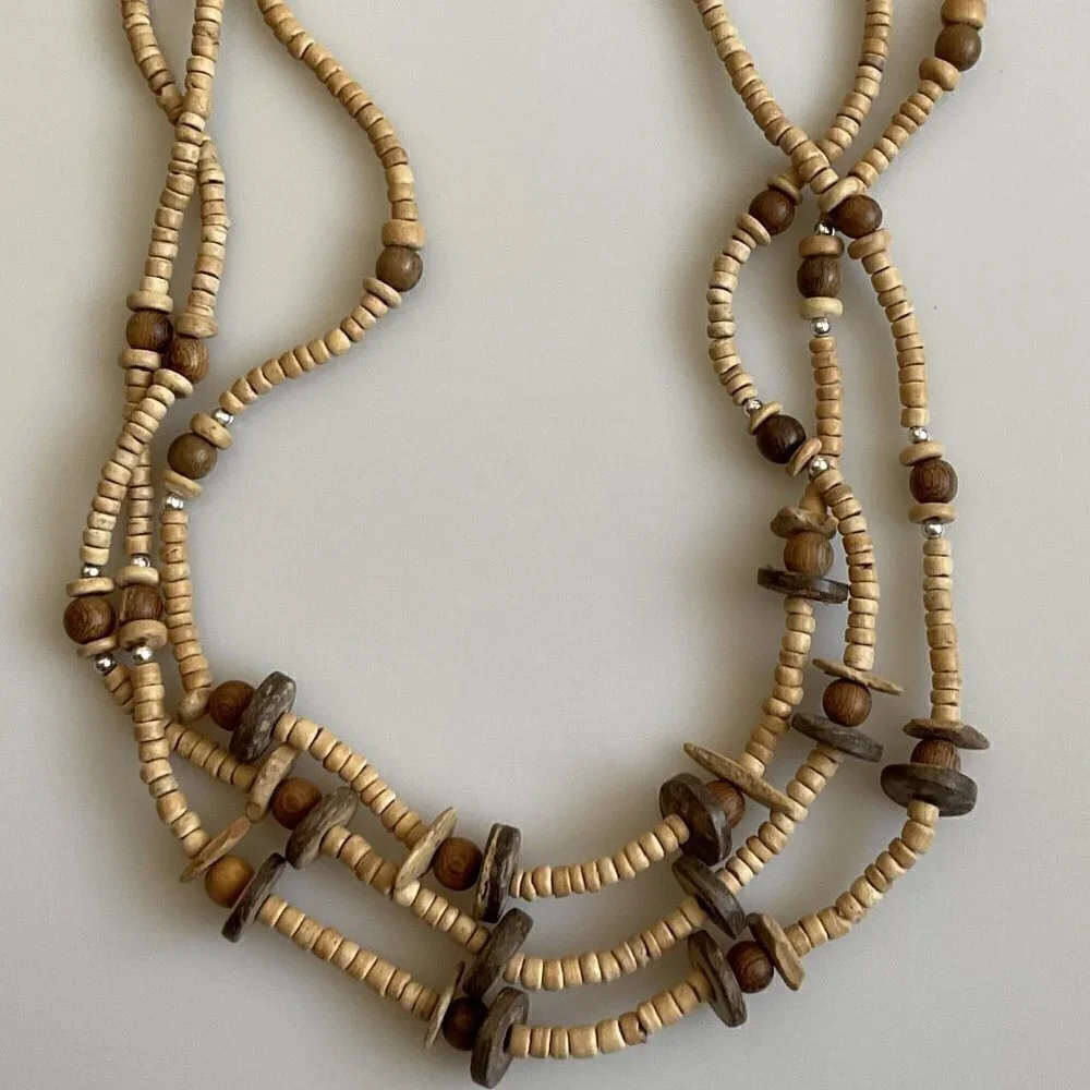 BOHO WOOD BEAD TRIPPLE STRAND NECKLACE